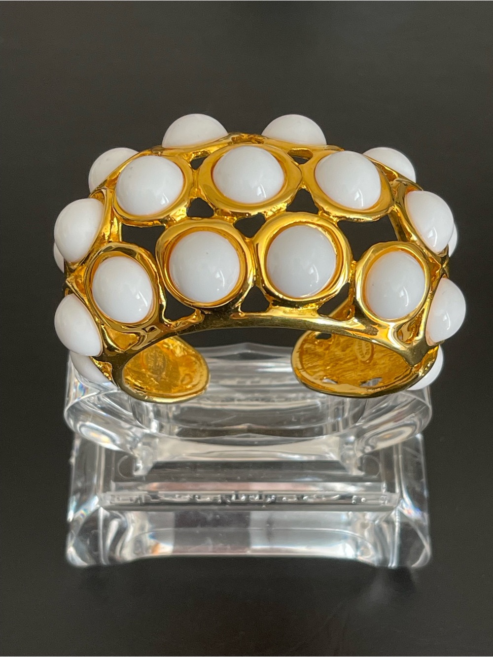 Vintage Kenneth Jay LAN gold tone wide white cabochon hinged Cuff Bracelet